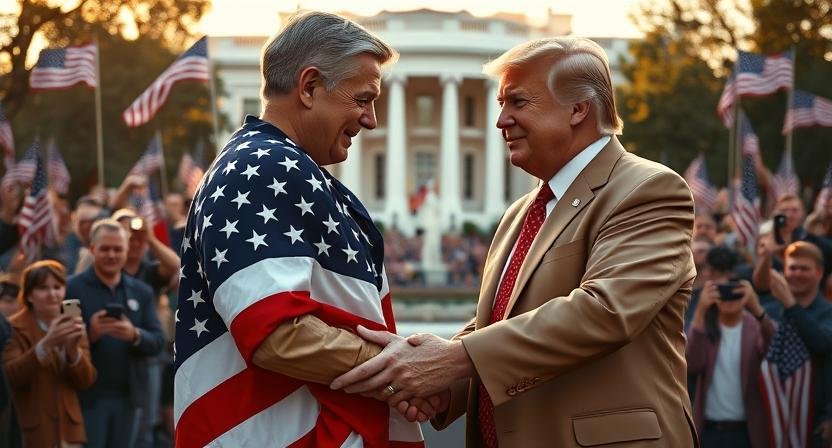 A middle-aged man wrapped in an American flag shakes hands with a smiling political figure in front of the White House, surrounded by a cheering crowd waving U.S. flags.