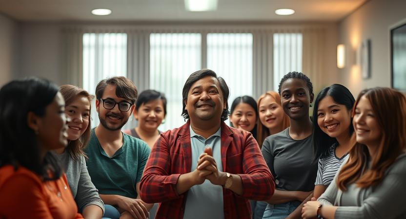 A group therapy session in a rehabilitation center, with people supporting each other.