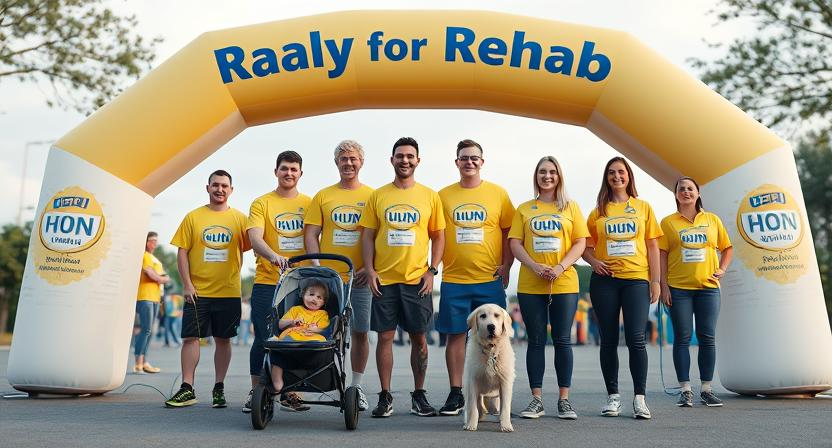 A group of participants in yellow event shirts standing under the 'UHN Rally for Rehab' arch, including a man with a stroller and a golden retriever.