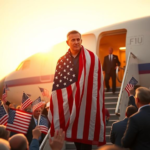 Marc Fogel, wrapped in an American flag, steps off a U.S. government plane onto American soil, greeted by cheering supporters waving U.S. flags.