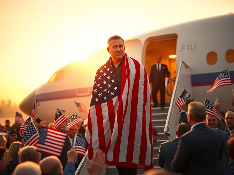 Marc Fogel, wrapped in an American flag, steps off a U.S. government plane onto American soil, greeted by cheering supporters waving U.S. flags.