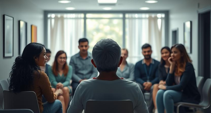 Individuals in a group therapy session at a rehabilitation center, engaging in open discussion and mutual support under the guidance of a counselor.