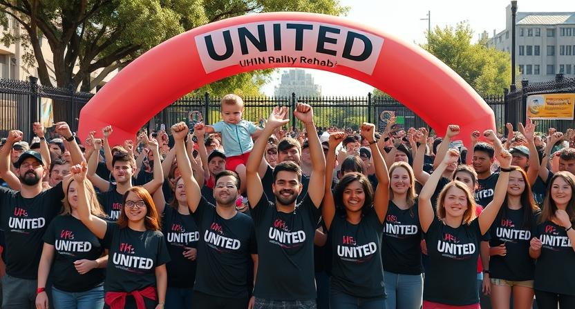 A large group of diverse people wearing matching 'UNITED' t-shirts, cheering in front of an inflatable arch at a charity rehab event.