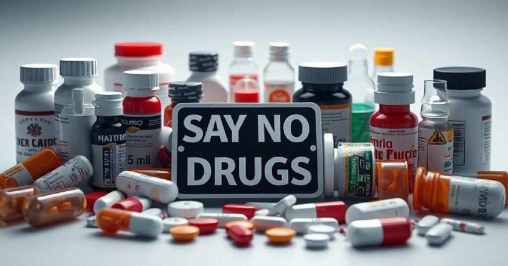 A collection of various prescription drug bottles and pills scattered across a surface, with a bold black sign in the center reading 'SAY NO DRUGS,' symbolizing the fight against drug abuse.