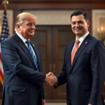 U.S. President Donald Trump and Ukrainian President Volodymyr Zelenskyy shaking hands in a formal setting, symbolizing a significant diplomatic agreement between the U.S. and Ukraine. The background features American and Ukrainian flags, emphasizing international cooperation.