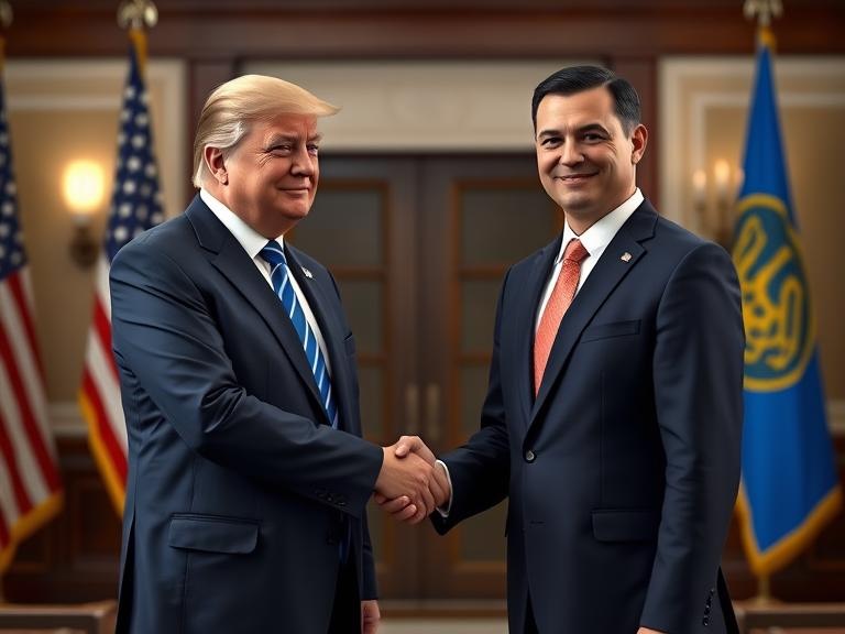 U.S. President Donald Trump and Ukrainian President Volodymyr Zelenskyy shaking hands in a formal setting, symbolizing a significant diplomatic agreement between the U.S. and Ukraine. The background features American and Ukrainian flags, emphasizing international cooperation.