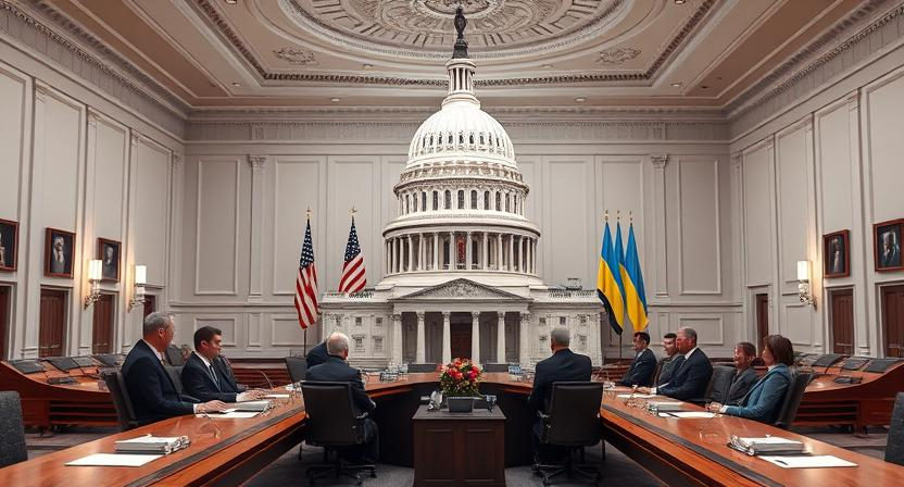 The U.S. Capitol building with a diplomatic meeting taking place inside.