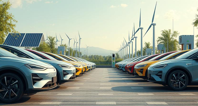 Electric vehicles in a sustainable city, highlighting the use of rare earth minerals in green technology.