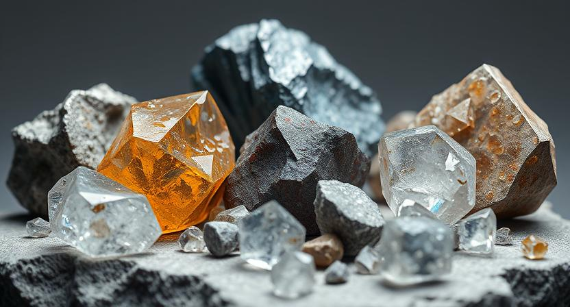 Close-up image of raw rare earth minerals, including lithium, titanium, and graphite.