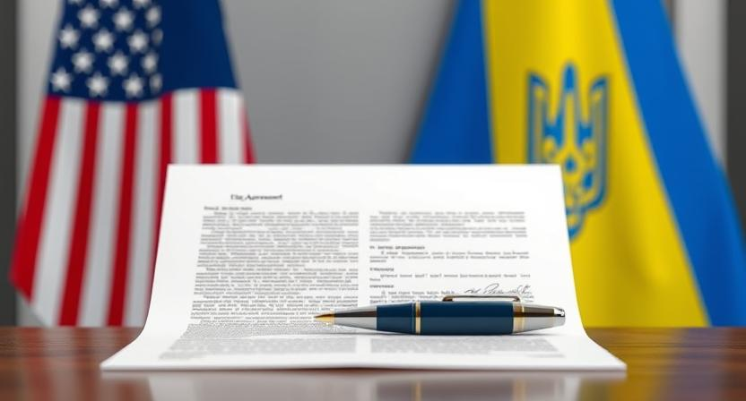 U.S. and Ukrainian flags with a document ready for signing in a formal setting.