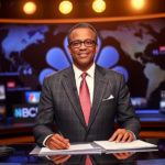 Lester Holt standing at the NBC Nightly News desk, symbolizing his legacy as a trusted journalist and anchor.