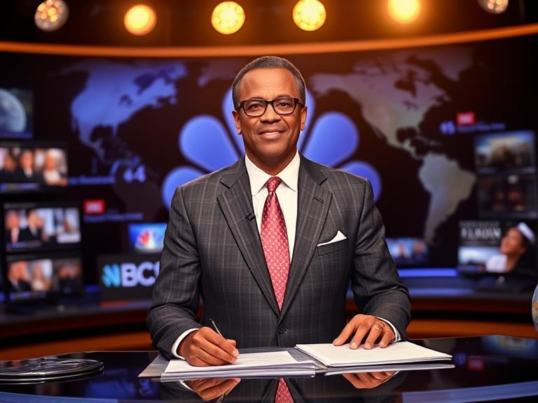 Lester Holt standing at the NBC Nightly News desk, symbolizing his legacy as a trusted journalist and anchor.