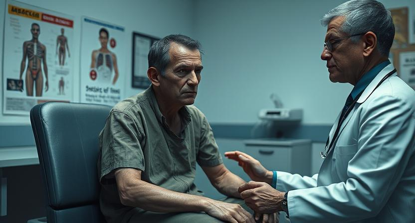 A concerned doctor diagnosing a physically weak drug-addicted patient in a medical clinic.