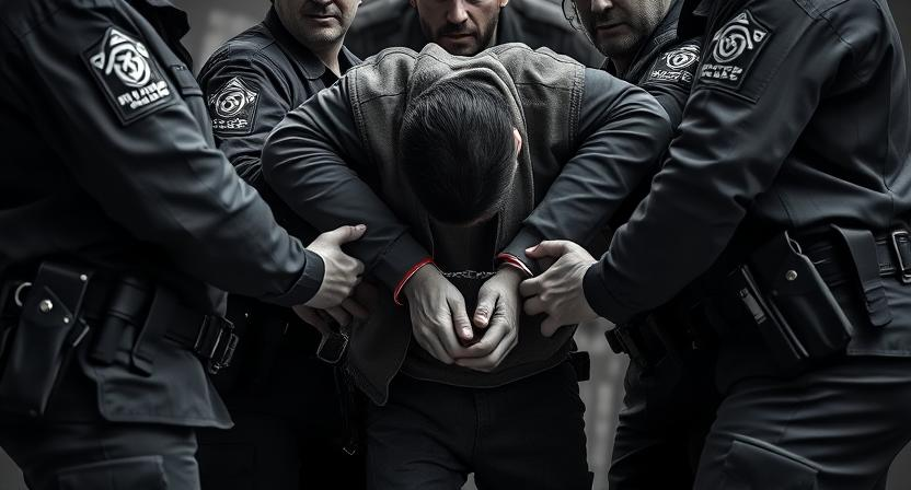 Police officers restraining a suspect, with the suspect bent over and their hands held tightly by officers.