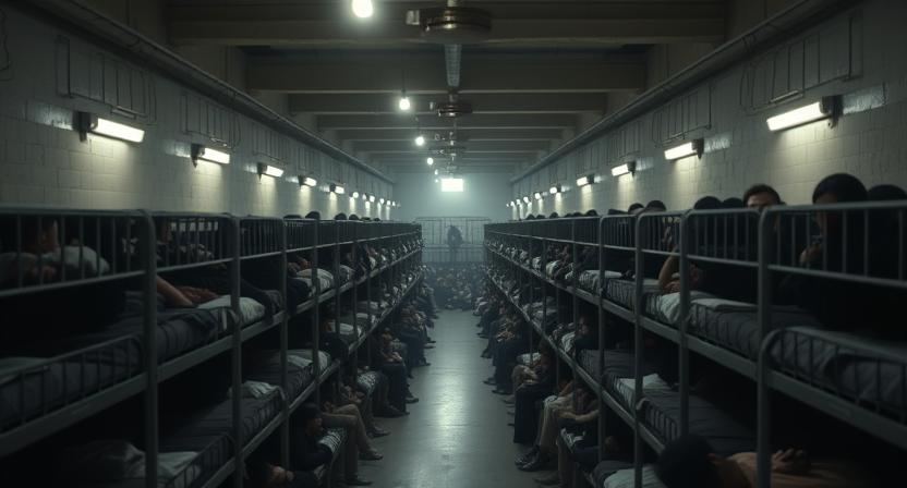 A dimly lit, overcrowded prison dormitory with rows of tightly packed bunk beds filled with prisoners, highlighting the harsh conditions and increasing inmate population.