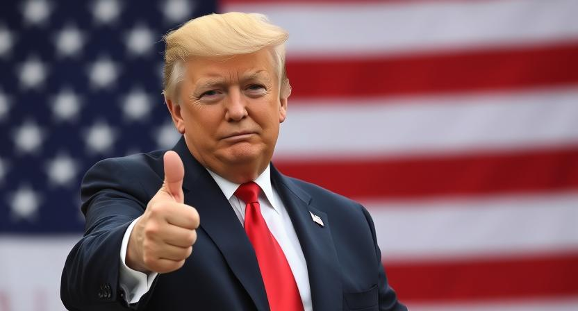 Donald Trump in a dark suit and red tie gives a thumbs-up in front of a large American flag, displaying confidence and approval.