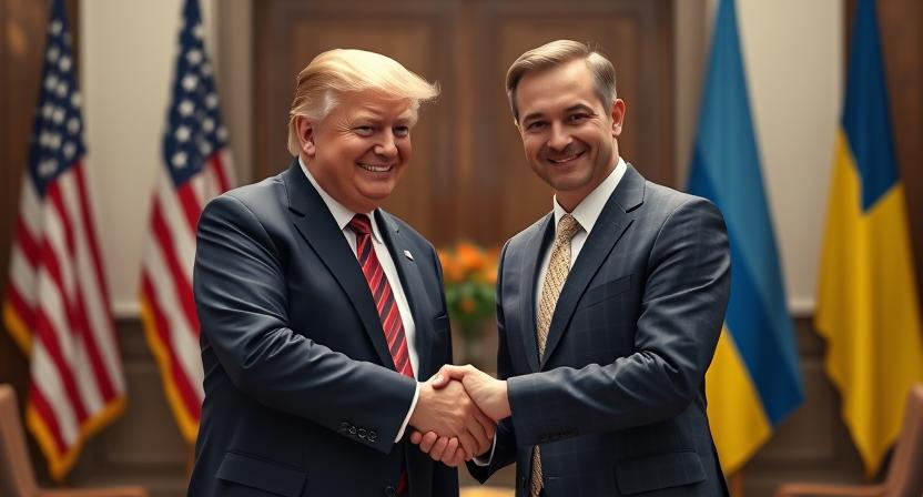 U.S. President Donald Trump and Ukrainian President Volodymyr Zelenskyy shake hands during a diplomatic meeting.