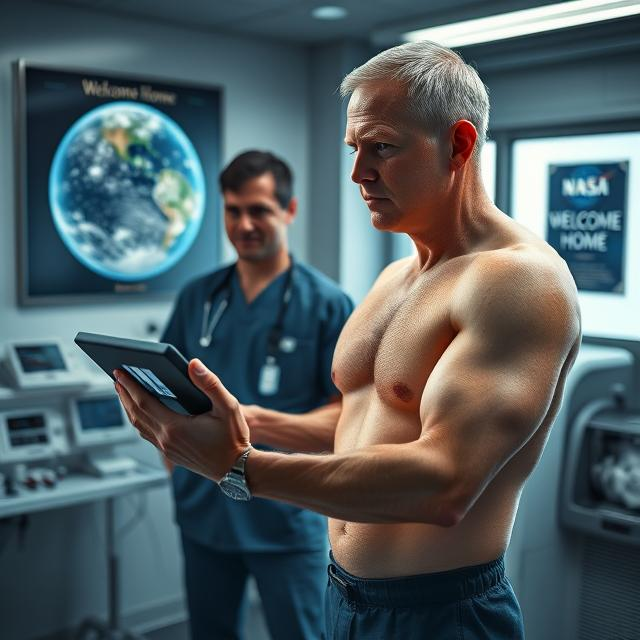 Astronaut Butch Wilmore undergoes muscle analysis with a doctor post-mission.