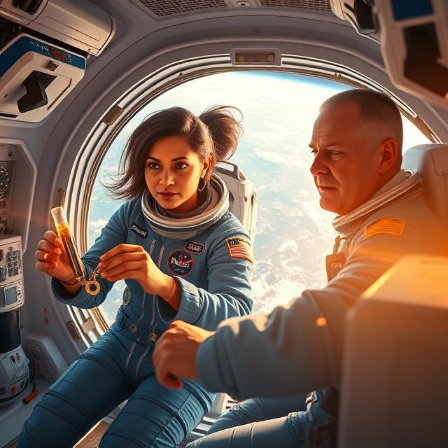 Sunita and Butch floating inside the ISS while working on experiments.