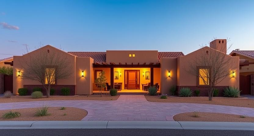 Exterior view of a ranch-style home in Santa Fe, New Mexico.