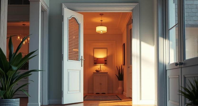 Open front door of a modern home with natural light.