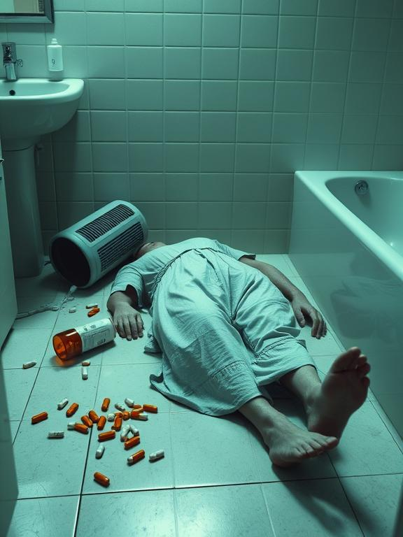 Betsy Arakawa lying on the bathroom floor with a portable heater near her head, and a prescription bottle with scattered pills on the bathroom countertop nearby.