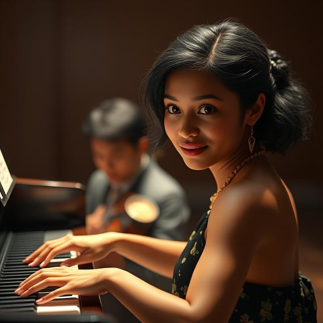 Besty Arakawa, a young woman playing the piano, smiling at the camera, while a violinist performs in the background.