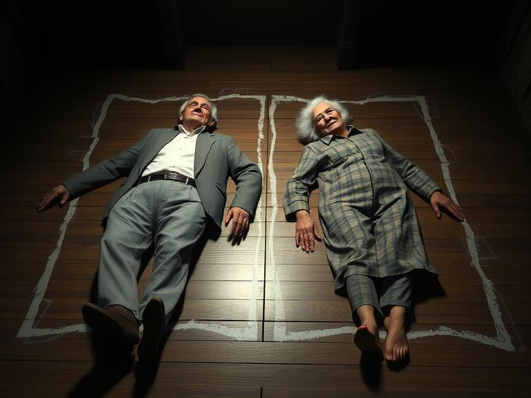 Gene Hackman and Betsy Arakawa lying on a wooden floor , outlined with white chalk-like markings, in a dimly lit room.