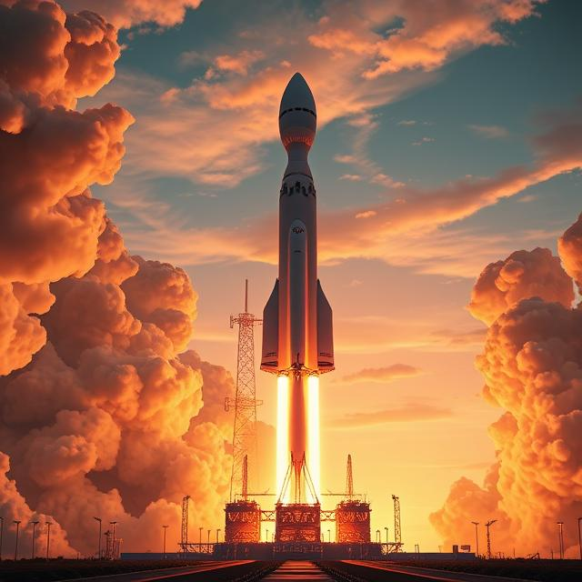 Futuristic Boeing Starliner with Sunita Williams and Butch Wilmore launching with vibrant flames.