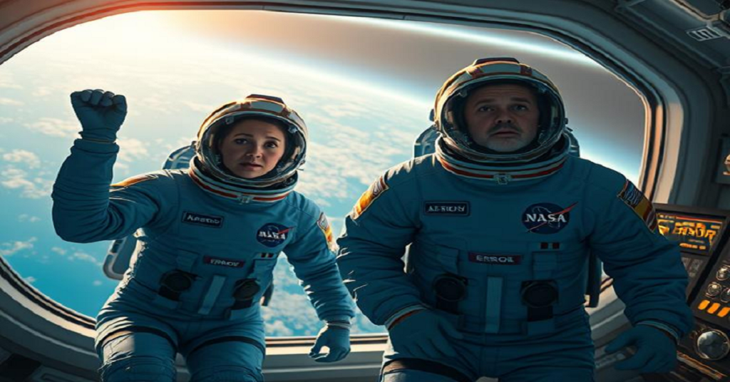 Ultra-realistic featured image of veteran astronauts Sunita Williams and Butch Wilmore floating inside the ISS with Earth visible through a panoramic window, symbolizing their heroic mission.
